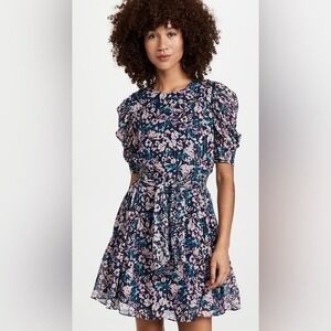 Shoshanna Floral Print Mini Dress Short Sleeve Tie Waist Purple‎ Blue Size 14